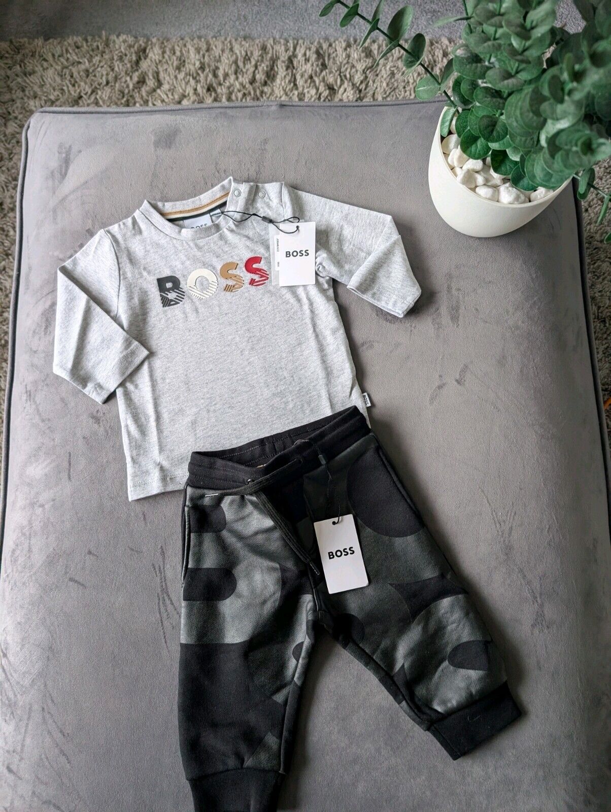 New Hugo Boss Grey Black Baby Full Jacket 0-6m Baby Boy Jogger + Top Set  Gift