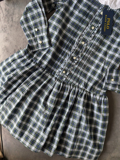 New Girls Polo Ralph Lauren Checked Plaid Dress Poplin Shirt Dress Cotton 6y New