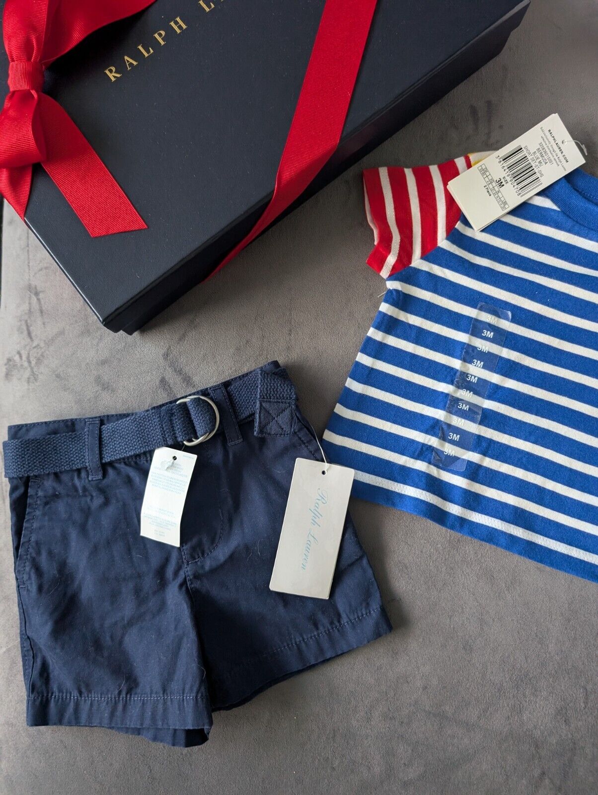 New adorable Ralph Lauren boys Stripe t  shirt + navy blue short set 0-3m gift