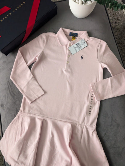 New Ralph Lauren girls soft pink polo dress long sleeve frill age 6-7 occasion gift