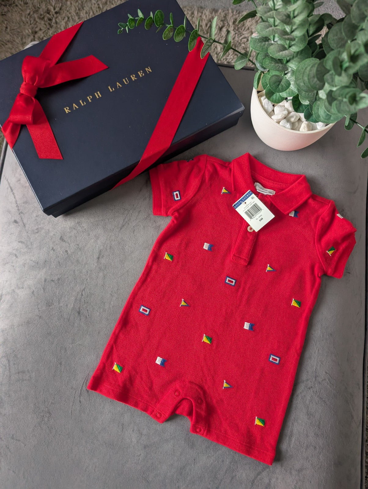 New Ralph Lauren Baby Boy Red Embroidery Flag Romper Gift 3-6m Summer Holidays