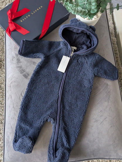 New Ralph Lauren baby boys faux shearling bear all in one snowsuit baby gift 3-6