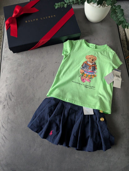 New Ralph Lauren Girls Green Bear T Shirt And Navy Skort Pleated Outfit 12m Gift