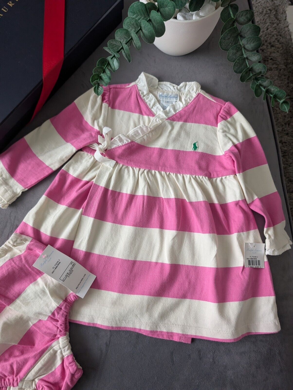 New Stunning Ralph Lauren Baby Girls Pink White Stripe Dress + Bloomer 6-9m Gift