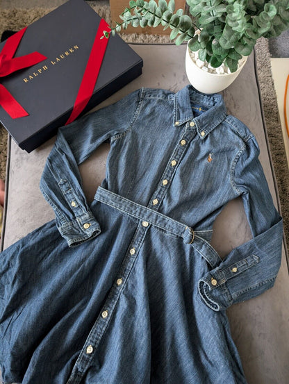 Vgc Ralph Lauren girls denim style shirt dress belted occasion 7 Yrs Winter occasion