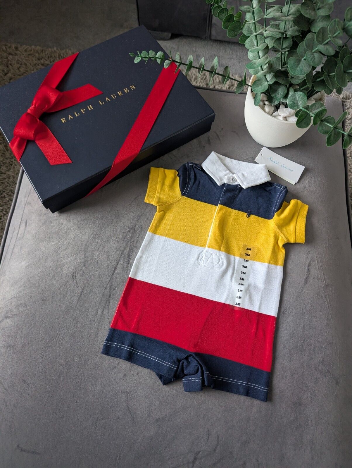 New Ralph Lauren Baby Boy Navy Yellow Stripe Romper 0-3m Gift Cute Baby Summer