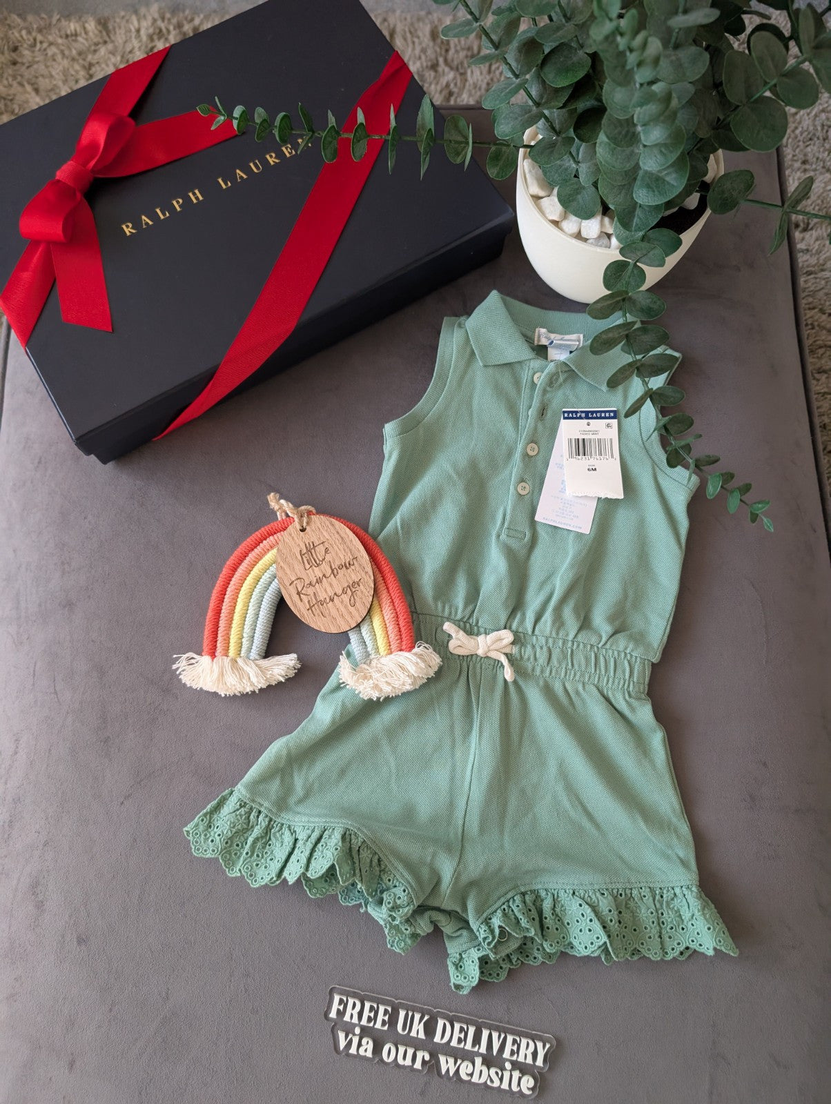 New Ralph Lauren Girls Green Frill Playsuit Gift Pretty 6-9m Summer Beach Gift