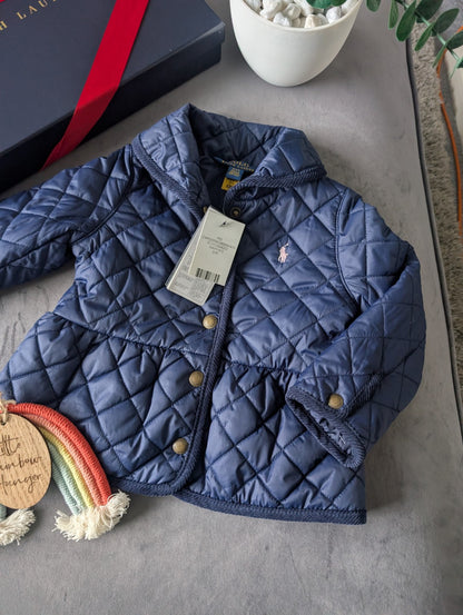 New Ralph Lauren Girls Quilted Coat Navy Blue Quilted Barn Jacket Age 2 RRP £159