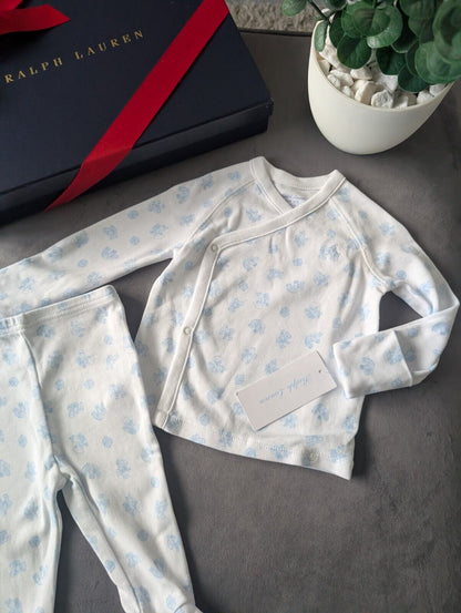 New Ralph Lauren Baby Boy 2 Piece Pyjamas Set 3-6m Blue White Gift  Top +Bottoms