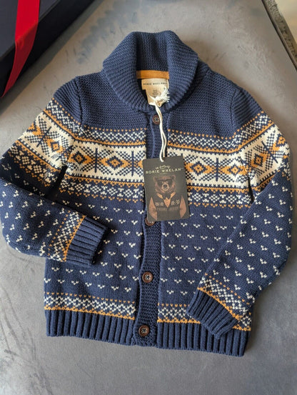 New Stunning Rorie Whelan Navy Boys Buttoned Knit Jacket Aztec Chunky Knit 3-4y