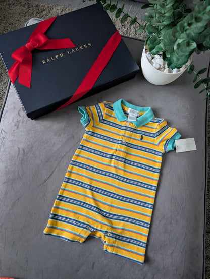 New Ralph Lauren Baby Boy Yellow Blue Smart Romper 0-3m Gift Summer Shortall