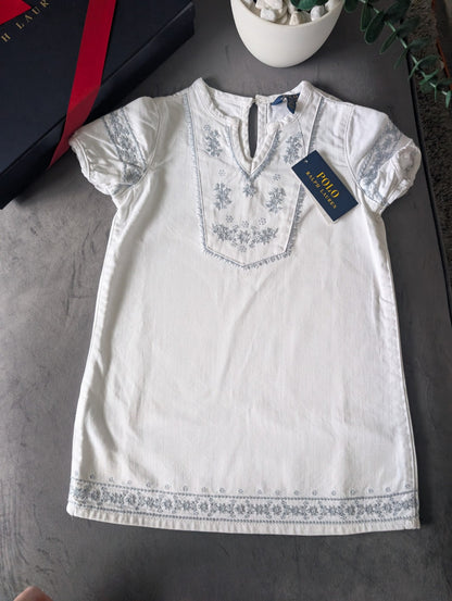 New Ralph Lauren Baby Girls Denim Kaftan Dress White Embroidery Occasion 3-4y