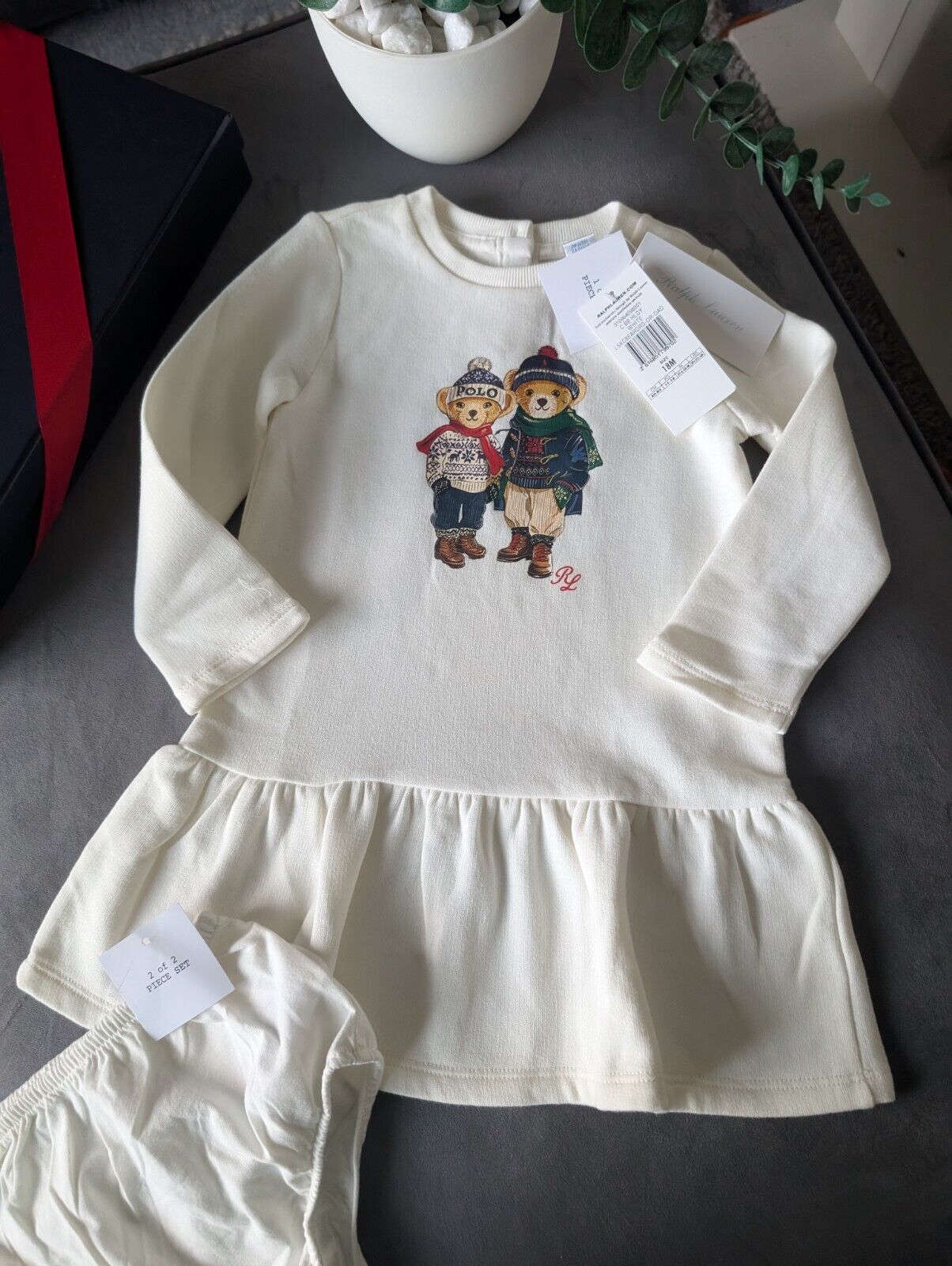 New Ralph Lauren Girls White Sweatshirt Dress Bear Duo Pretty Flare Gift 18mths