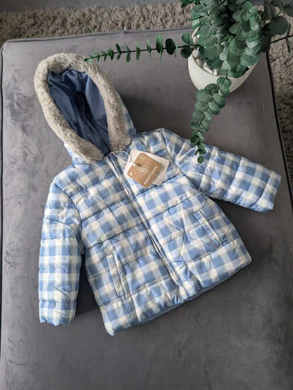 New Baby Mayoral Padded Winter Coat Age 6/9mth Blue Check Fur Trim Hood Gift