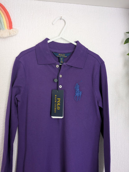 New Ralph Lauren girls Dark Purple Polo dress long sleeve frill age 7 Smart Gift