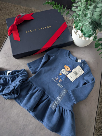 New Gorgeous Ralph Lauren Baby Girls Navy Bear Golf Dress Sweater + Bloomer 6m