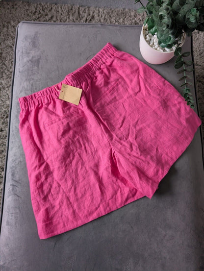 New Women's BODEN 100% Linen Bright Pink Shorts UK 12 Pink Tie Belt Summer