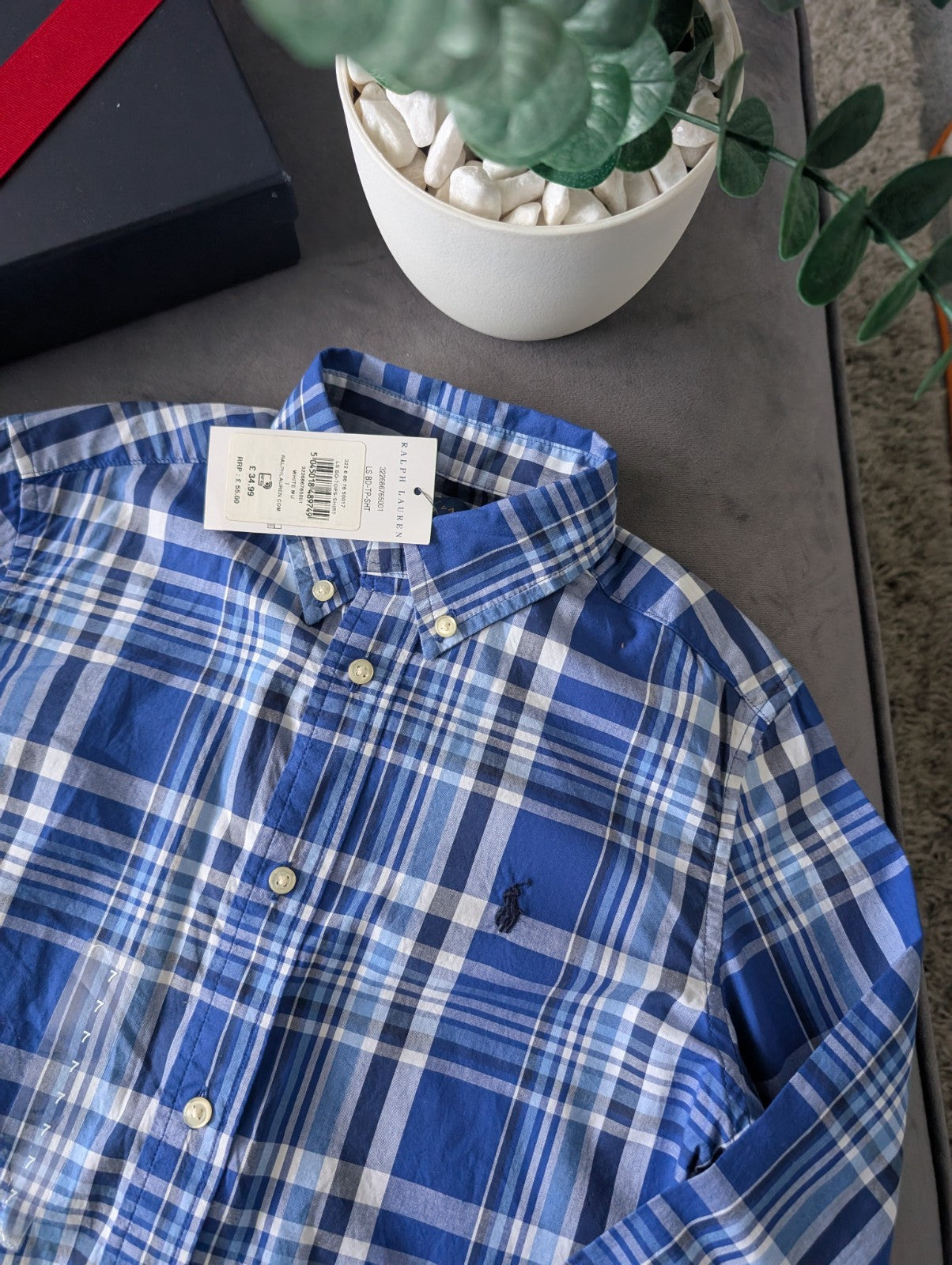 New Ralph Lauren Blue White Check Boys Shirt Smart Occasion Age 7 Yrs Gift