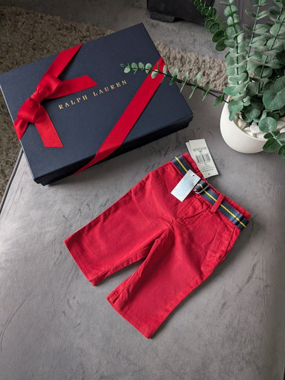 New Ralph Lauren Baby Boys Smart Chino Trousers Belted Gift Occasion 0-3m Red