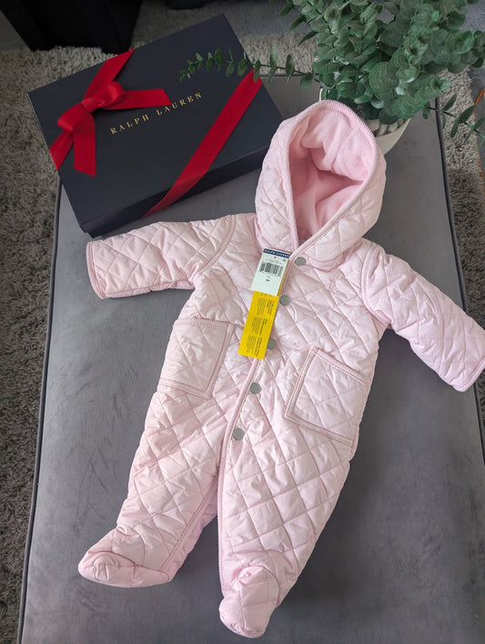 New ralph lauren Baby Pink quilted fleece lined pram suit snowsuit 0-3m Gift