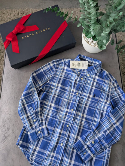 New Ralph Lauren Blue White Check Boys Shirt Smart Occasion Age 7 Yrs Gift