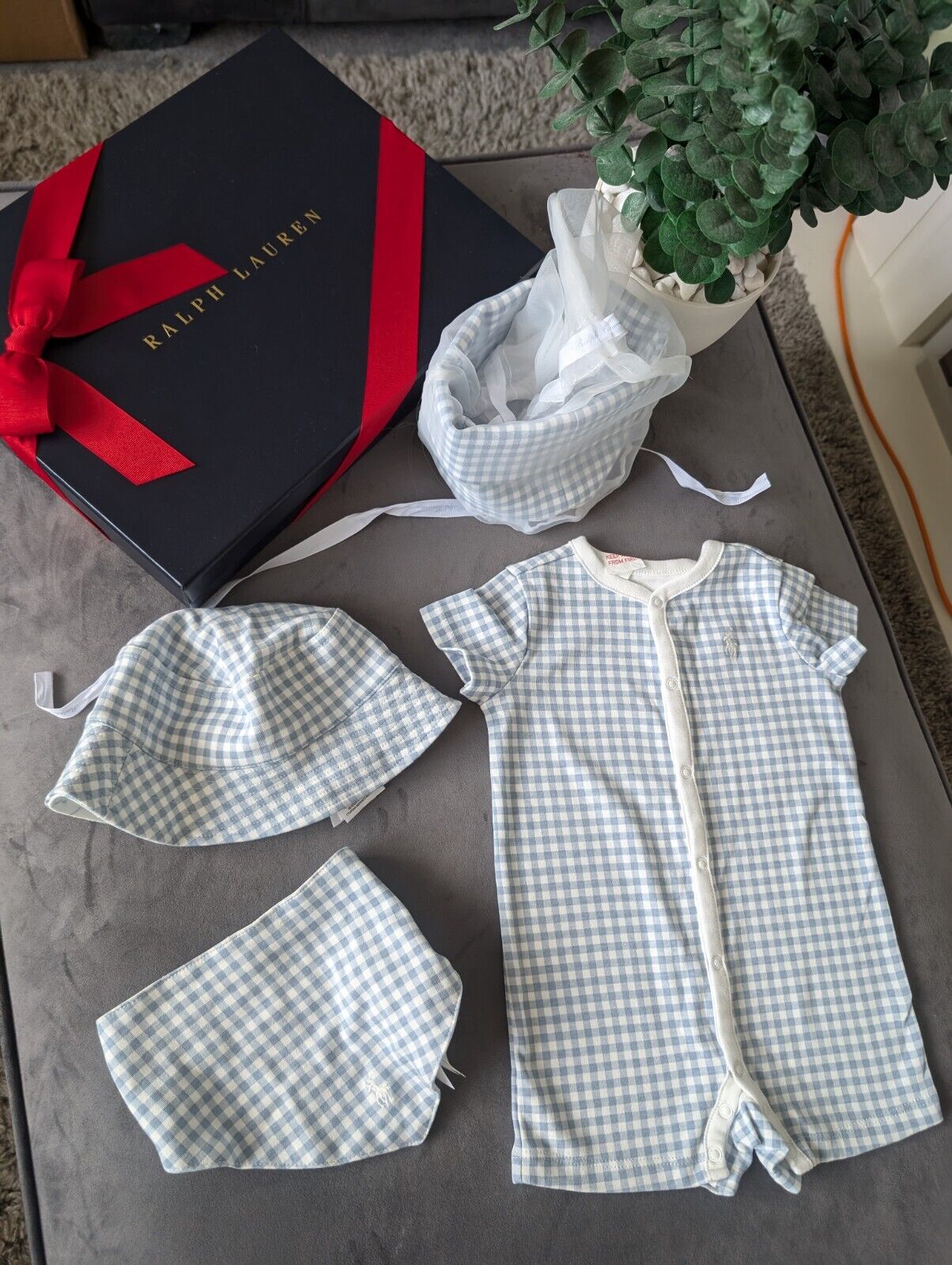 New Ralph Lauren Baby Boy Gift Set Basket Gingham Romper Hat + Bib 1-3m Newborn