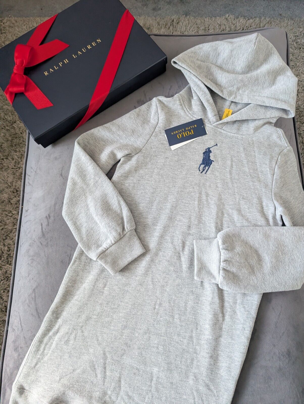 New Ralph Lauren Girls Hoodie Jumper Dress Polo Grey Logo Smart  8-10yr Gift