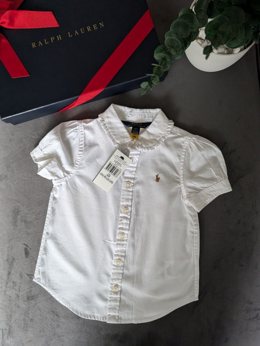 New Stunning Ralph Lauren Girls Collared White Plain Shirt Occasion Age 4 Smart