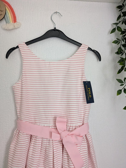 New Ralph Lauren Girls Pink Stripe Fit Flare Party Occasion Dress Belted 8yrs