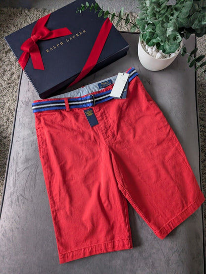 New Ralph Lauren Boys Red Chino Shorts + Belt Smart Gift Age 13 Casual Summer