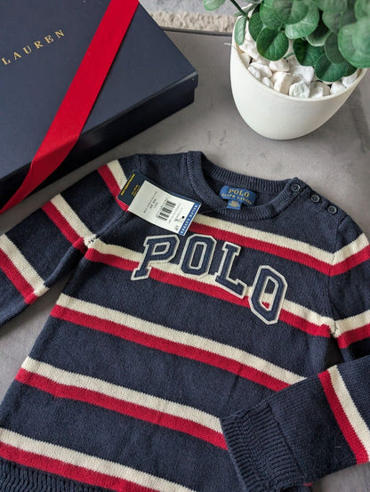 New Ralph Lauren Boys Navy Smart Casual Pullover Stripe Jumper Pony Logo Age 2-3