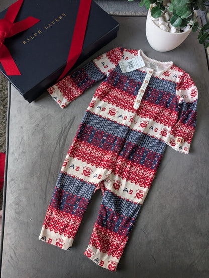 New Ralph Lauren baby Red All In One Baby Grow Aztec Fair Isle Heart gift 6-9m