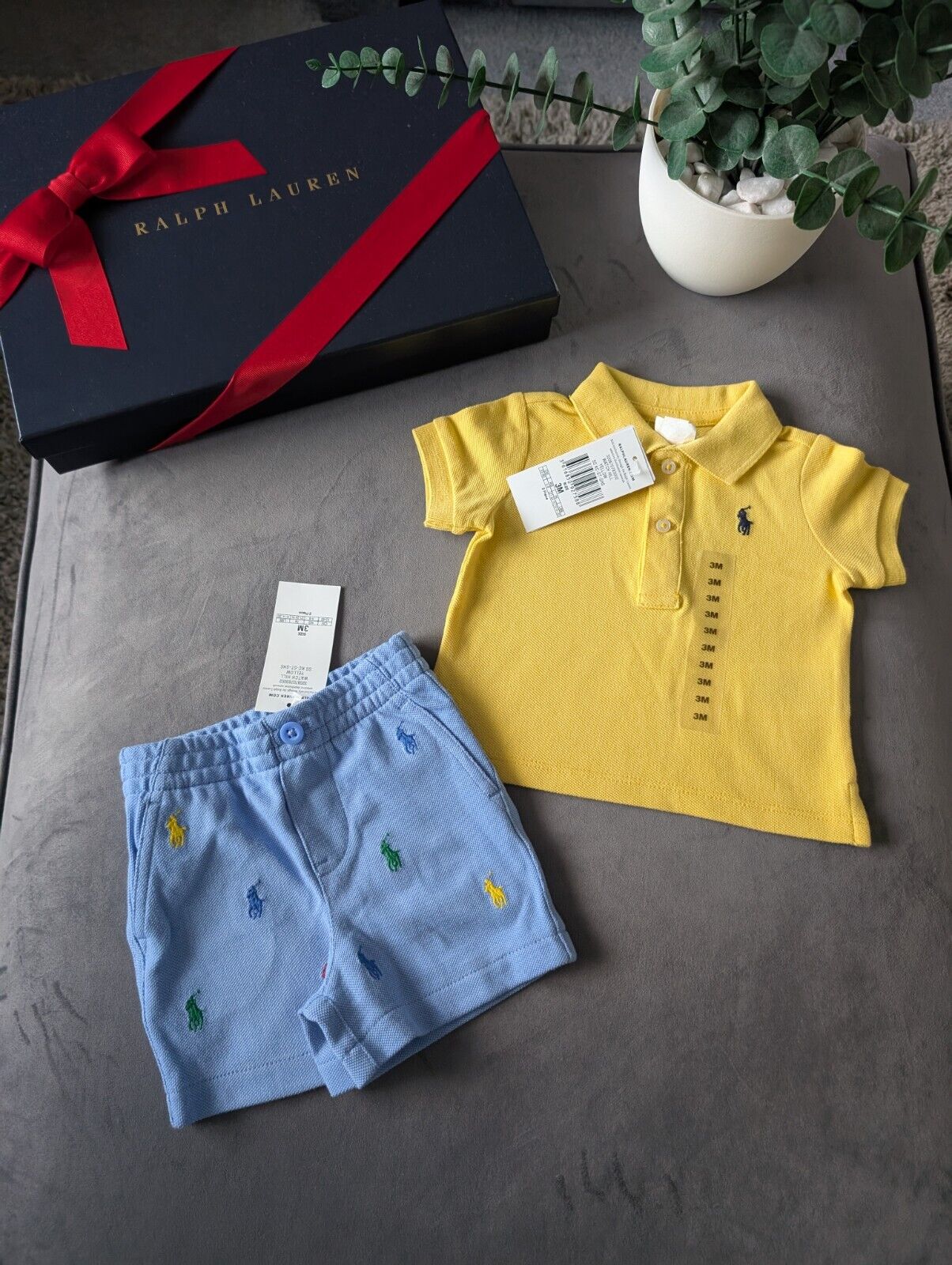 New polo Ralph Lauren baby Polo Shirt Yellow + Pony Embroidery Shorts 3m gift