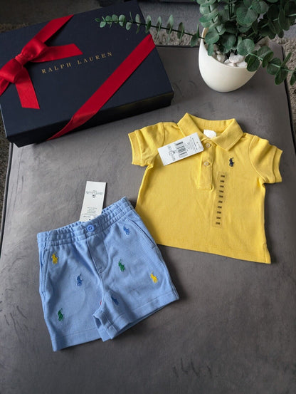 New polo Ralph Lauren baby Polo Shirt Yellow + Pony Embroidery Shorts 3m gift