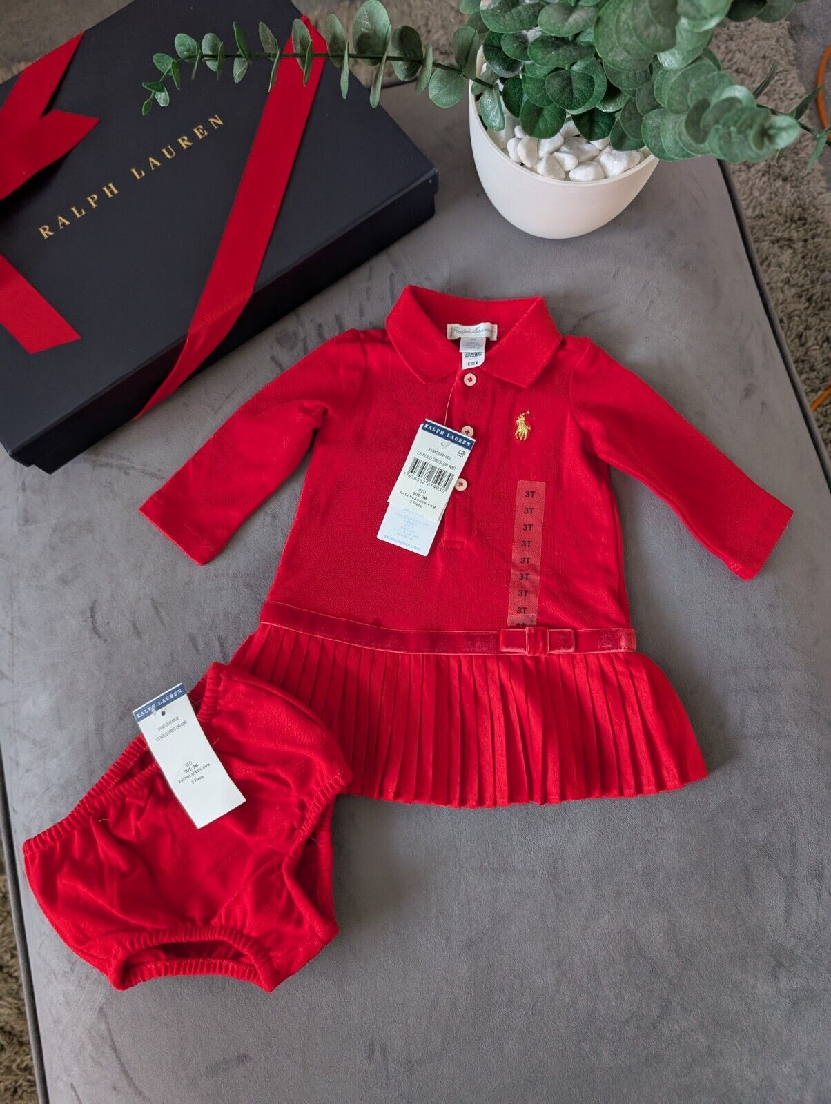 New Ralph Lauren Pleated shirt dress Red Bow 3months Occasion Formal Tennis