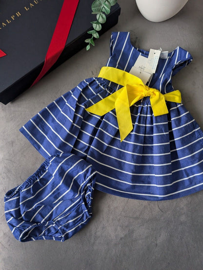 New Ralph Lauren Baby Girls Navy Polka Dot Spotty Dress 3-6m Stripe Gift Cute