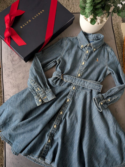 Vgc Ralph Lauren girls denim style shirt dress belted occasion 6 Yrs Winter occasion