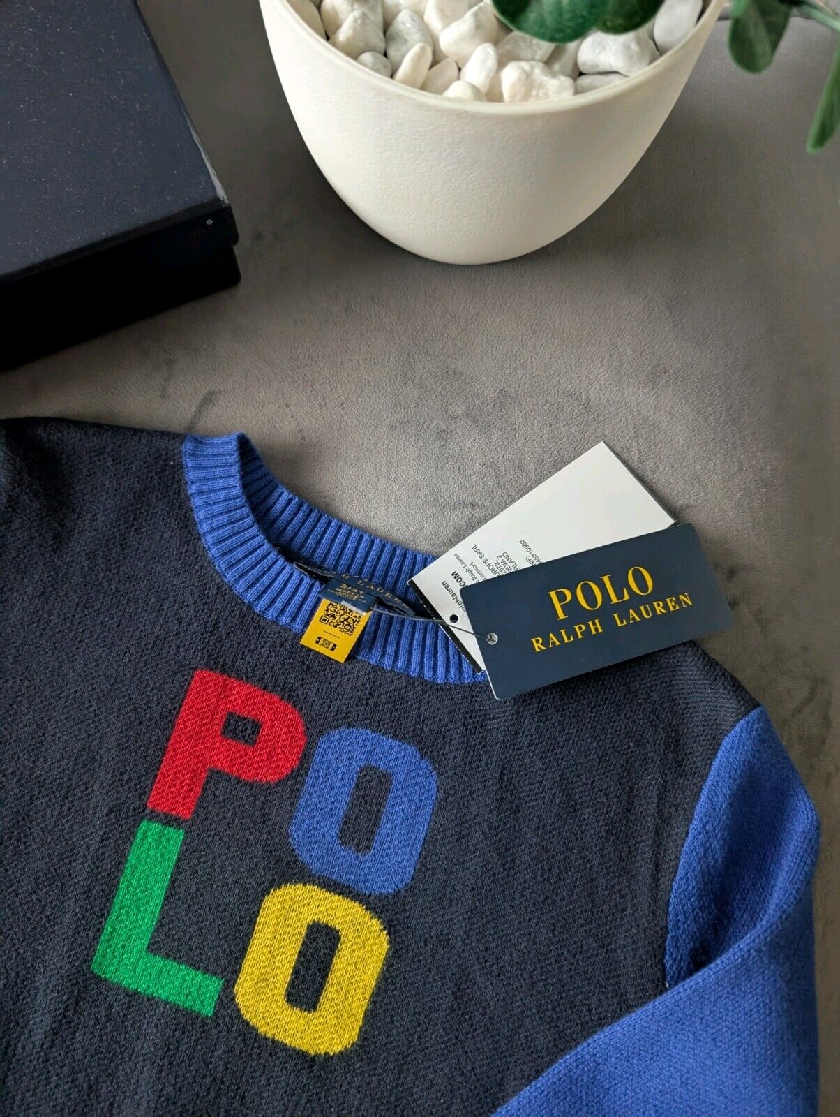 New Ralph Lauren Boys Colour Block Fine Knit Jumper Polo Logo Blue Gift 2-3y