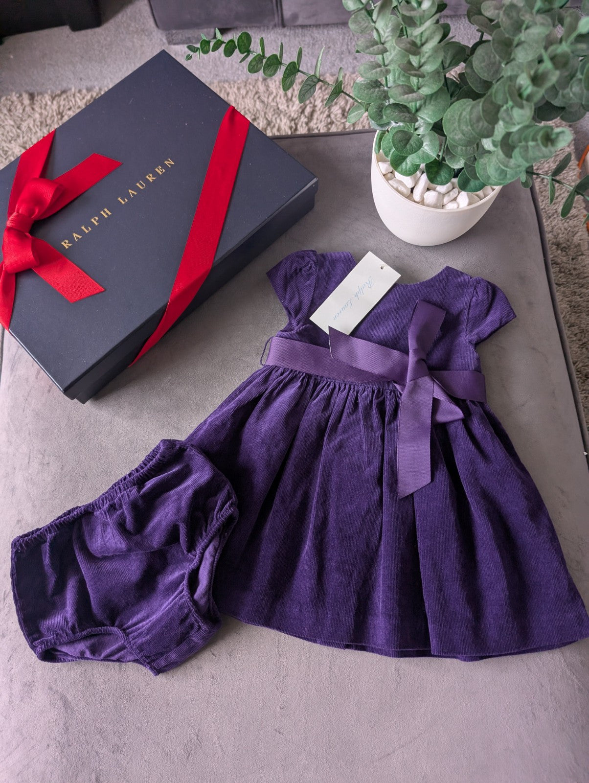 New Ralph Lauren Baby Girls Corduroy Purple Dress Belted + Bloomer Gift Cute 3-6