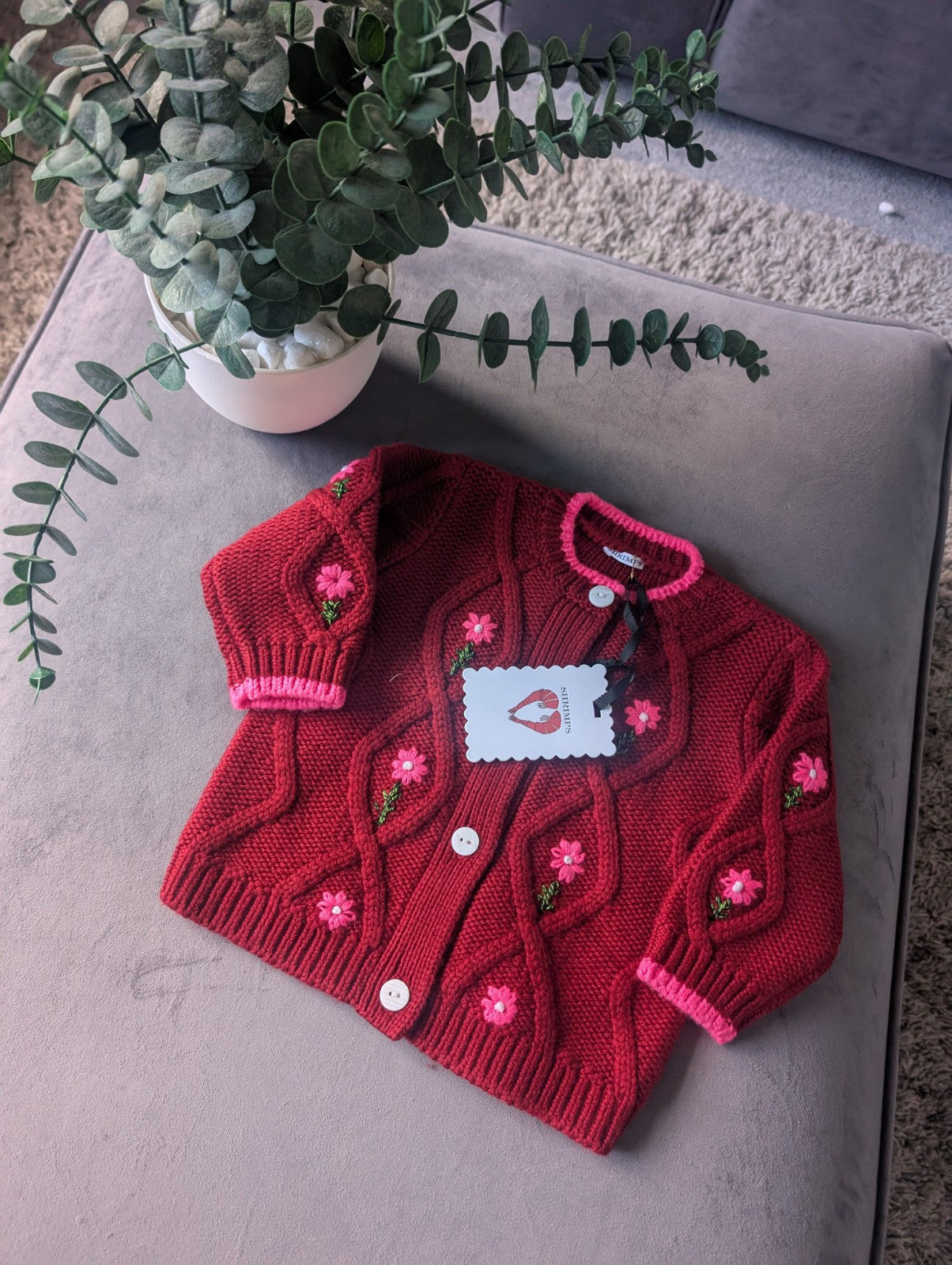 New Gorgeous Merino Wool Shrimps Maroon Embroidery Floral Cardigan Knit 12-18m