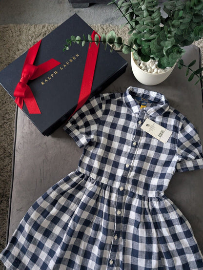 New Ralph Lauren Girls Gingham Navy White Check Dress Occasion Gift 6yr Pretty