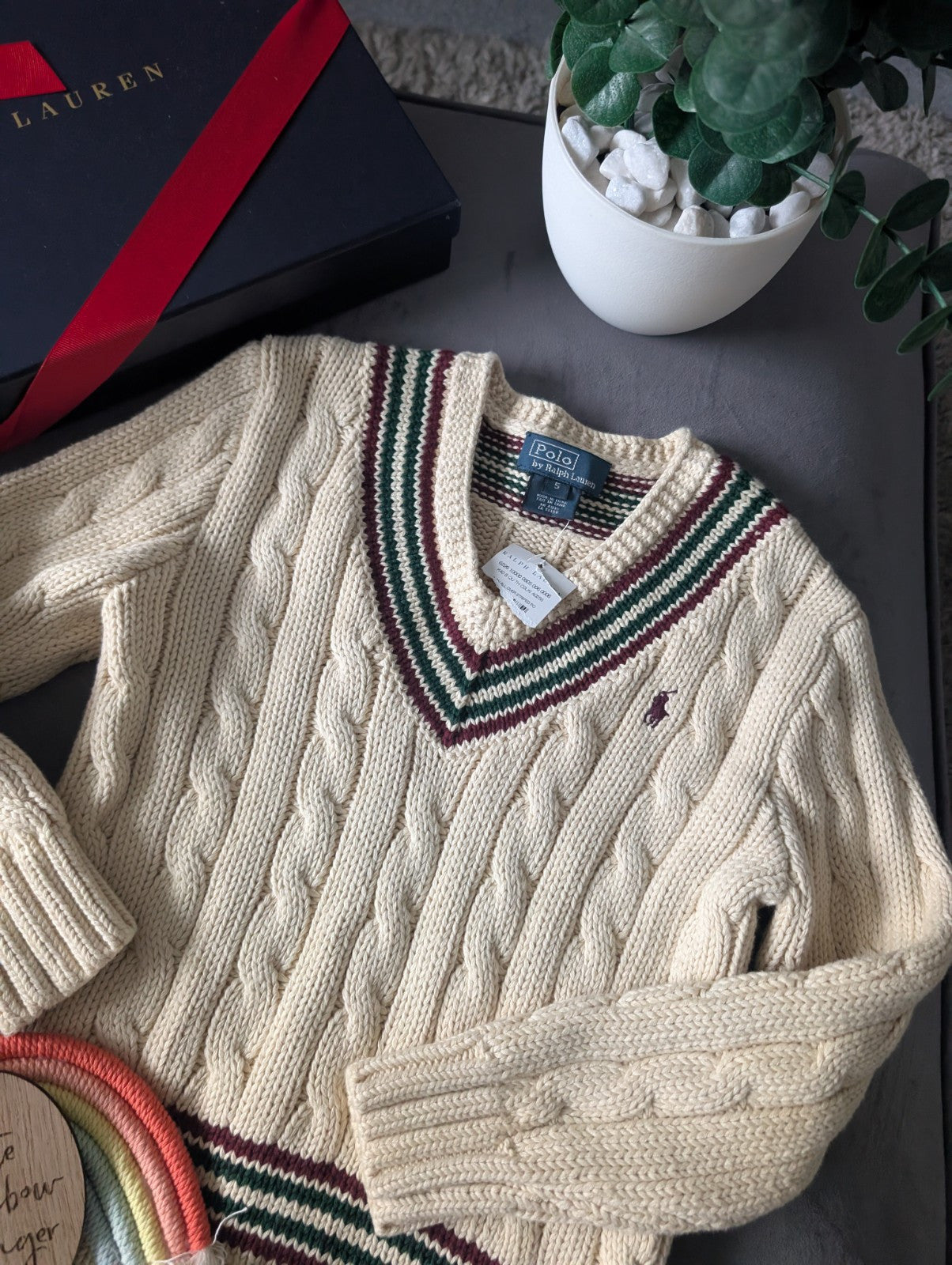 New Boys Ralph Lauren Vintage Ivory Chunky Knit Cricket Jumper Cream Gift 4-5y