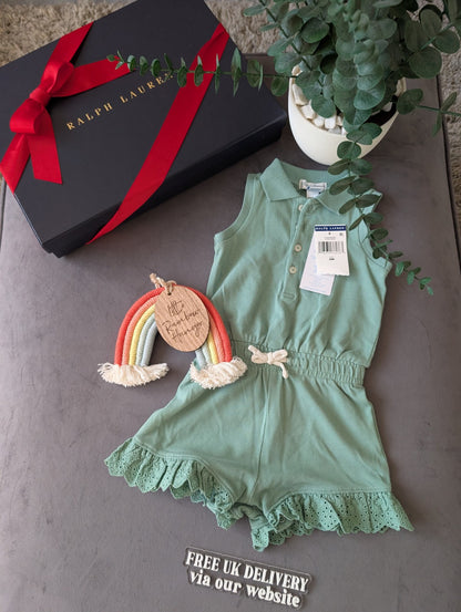 New Ralph Lauren Girls Green Frill Playsuit Gift Pretty 6-9m Summer Beach Gift