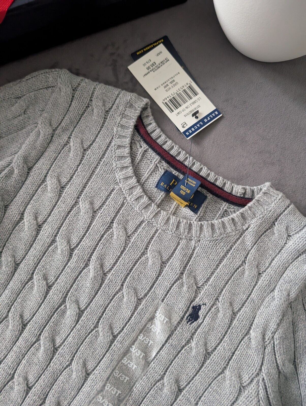 New Boys Ralph Lauren Grey Cable knit long sleeve jumper autumn winter 3 Stripe