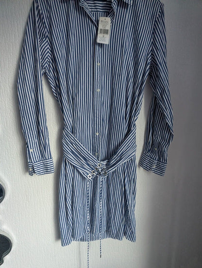 New Polo Ralph Lauren Poplin Shirt Dress Belted Smart UK 14 £175 Blue Stripe