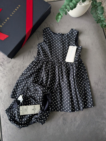 New Ralph Lauren Baby Girls Navy Polka Dot Spotty Dress 6-9m Spotty Gift polka