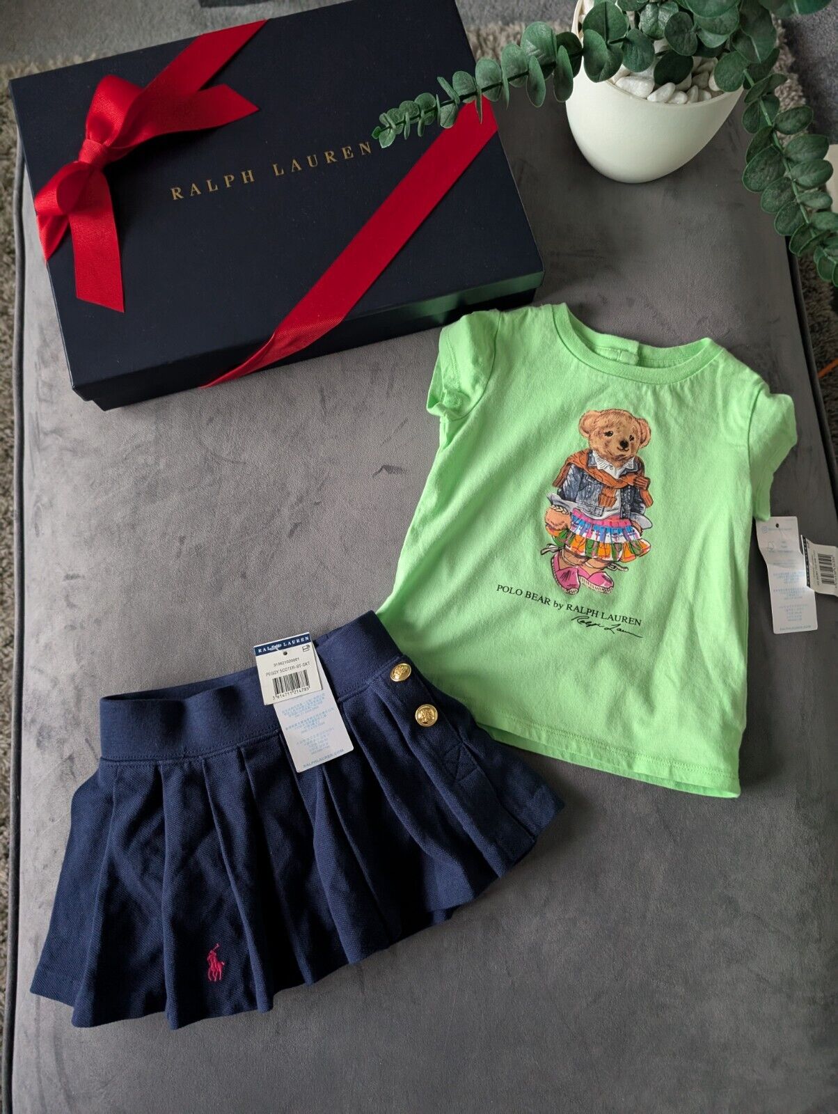 New Ralph Lauren Girls Green Bear T Shirt And Navy Skort Pleated Outfit 12m Gift