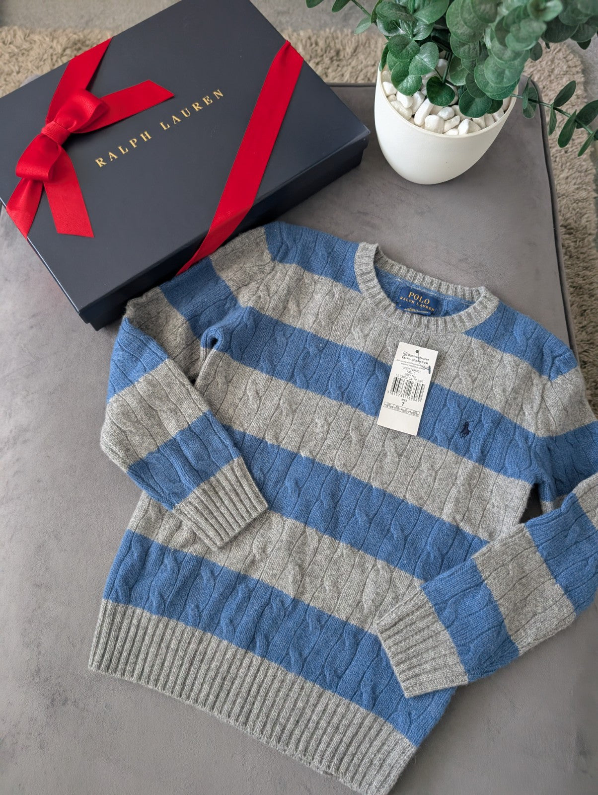 New Boys Ralph Lauren Blue Grey Stripe Cable knit jumper Cashmere Blend 6/7yr