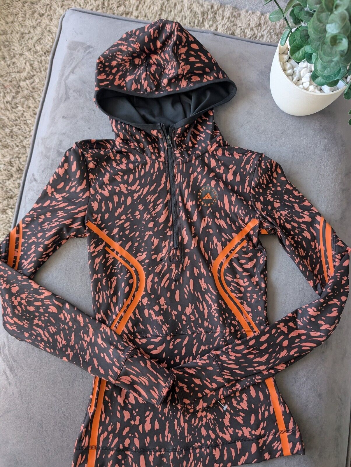 New Adidas by Stella McCartney True Pace hooded long sleeve Orange Black top XS