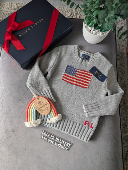 New Polo Ralph Lauren Grey Smart American flag jumper age UK 4-5yr USA Boys Gift